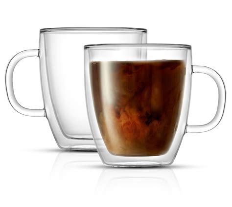 JoyJolt Double Wall Insulated Glass Coffee Mug (Set of 2) 13.5 oz with Handle for Hot or Cold ...