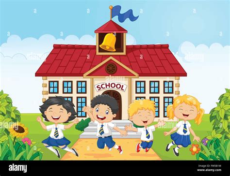 Children school jumping together on school building background Stock Vector Art & Illustration ...