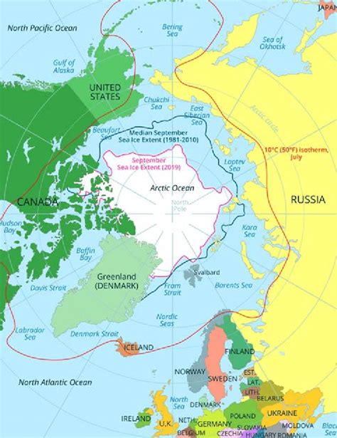 Map of the Arctic, with sea ice extent in September 2019 (pink line)... | Download Scientific ...