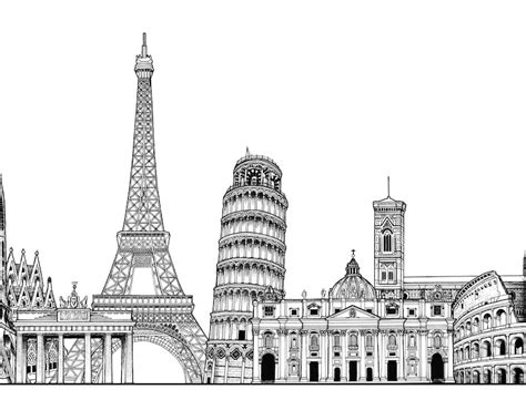 Europe Skyline Drawing A2 Europe Landmarks Drawing Europe Cityscape ...