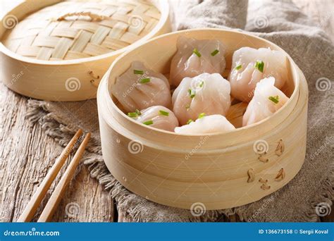 Steamed Shrimp Dumplings Dim Sum Close-up. Horizontal Stock Photo ...