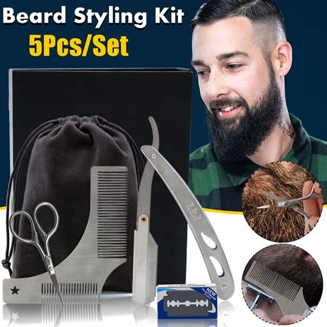 5Pcs/Set Beard Grooming & Trimming Kit Razor Shaping Scissors Mustache ...