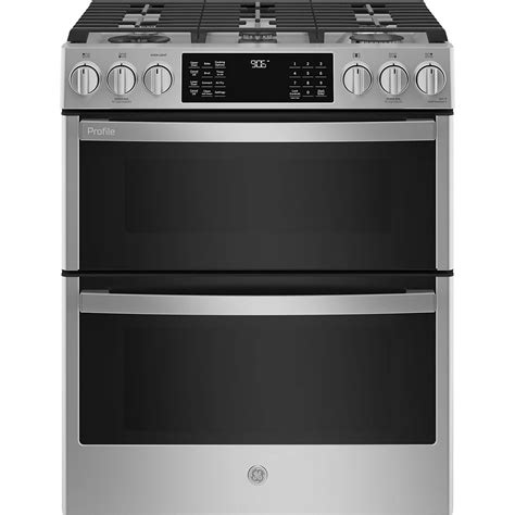 GE Profile 30-inch Smart Slide-In Gas Double Oven Range in Fingerprint Resistant Stainless ...