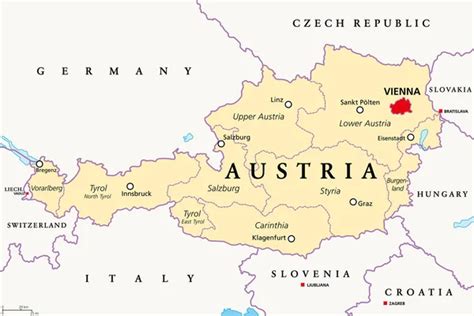 Austria, political map, with the capital Vienna, nine federated states and their capitals. With ...