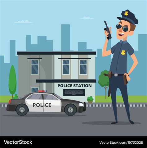 Building of police station and cartoon character Vector Image