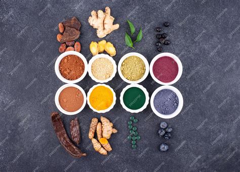 Premium Photo | Various healthy superfoods powder assortment