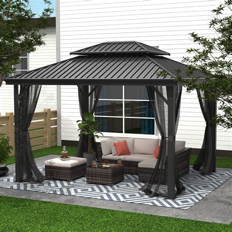 FineFind 10ft x 12ft Hardtop Gazebo with Netting for Patios, Lawn, Backyard and Deck(BLACK ...