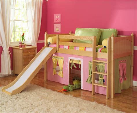 Playhouse LOW Loft Bed w/ Slide by Maxtrix Kids (pink/yellow/green on natural) (320.1s)