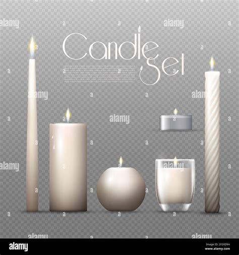 Realistic glowing candles set of different shapes and sizes on transparent background isolated ...