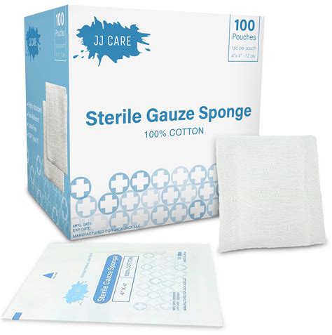 JJ CARE 4x4 Sterile Gauze Pads [Box of 100] 12-Ply Cotton Gauze Pads, Individually-Wrapped ...