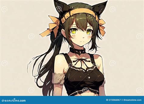 Cute Anime Girl with Cat Ears and Tail, Manga Style Character Illustration Generative Ai Stock ...