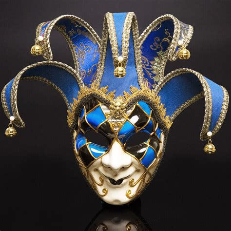 Full Face Men Venetian Theater Jester Joker Masquerade Mask Bells Mardi ...