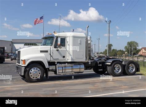 Indianapolis - Circa September 2021: Mack Semi Tractor Trailer Trucks Lined up for sale. Mack ...