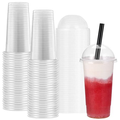 Buy 100 Pack 24 Oz Clear Plastic Cups With Lids,Disposable PET Plastic Cups With Dome Lids for ...