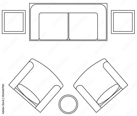 2D graphic drawing of the top view layout of the sofa set and its side furniture such as coffee ...