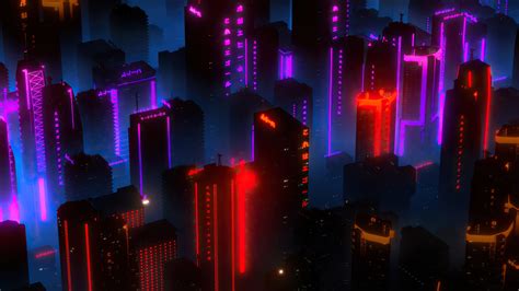 Download wallpaper 1920x1080 neon lights, cityscape, buildings, aerial view, full hd, hdtv, fhd ...