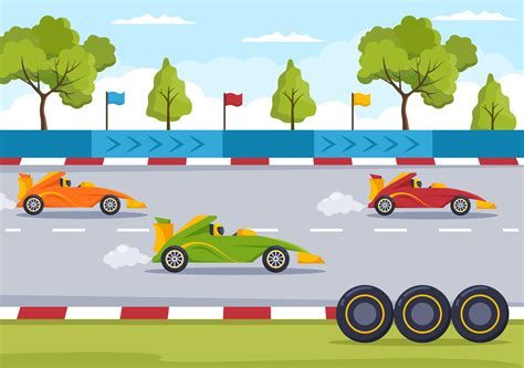 Formula Racing Sport Car Reach on Race Circuit the Finish Line Cartoon Illustration to Win the ...