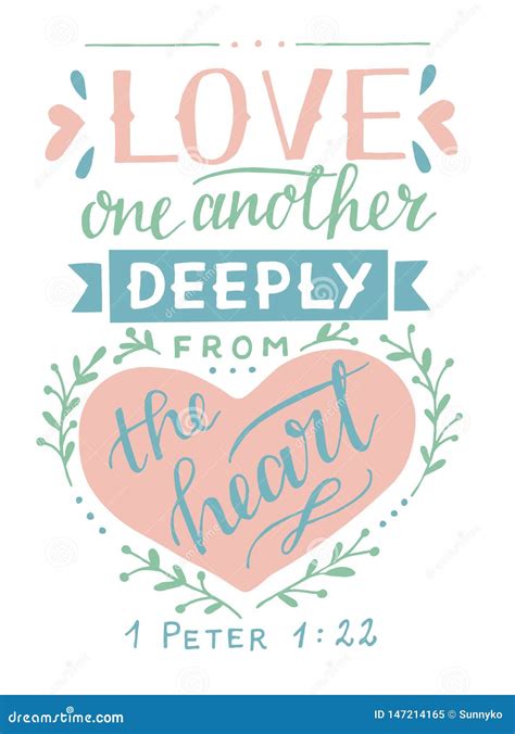 Hand Lettering With Bible Verse Love One Another Deeply From The Heart. Cartoon Vector ...