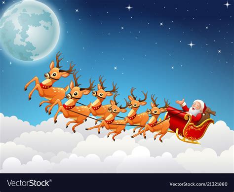 Santa claus rides reindeer sleigh flying in the sk