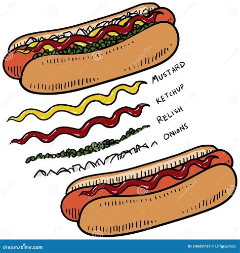 Hot Dog with Condiments Sketch Stock Vector - Illustration of sausage, beef: 24689731