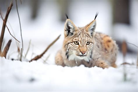 Premium AI Image | Lynx crouching in snow hunting pose