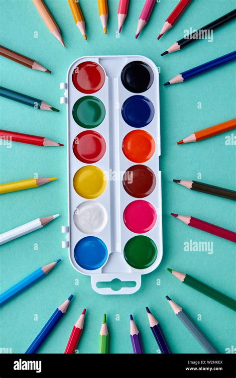 Watercolor painting supplies, top view Stock Photo - Alamy