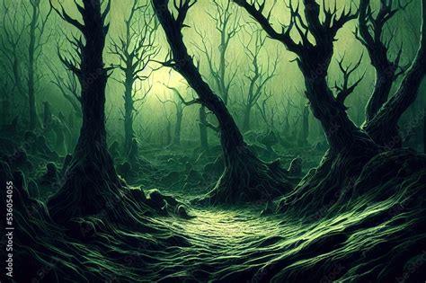 Realistic haunted spooky forest, creepy landscape at night. Fantasy Halloween forest background ...