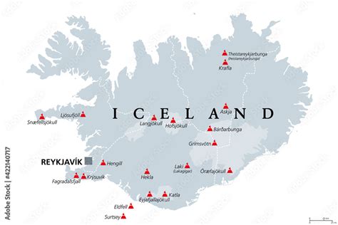 Volcanoes of Iceland that erupted since human settlement, political map. Eighteen volcanoes ...