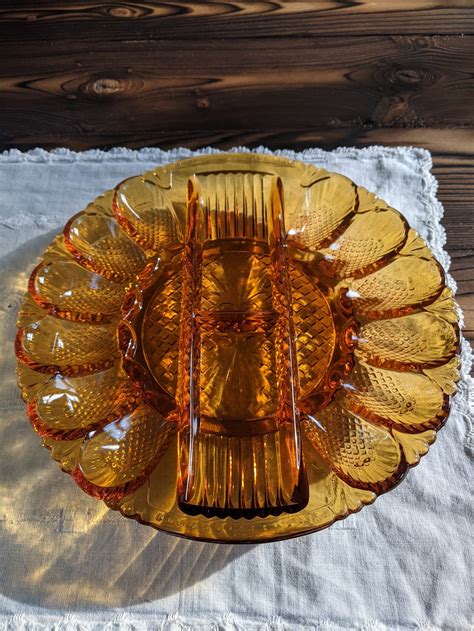 Vintage Deviled Egg Plate Retro Amber Glass Deviled Egg Plate | Etsy