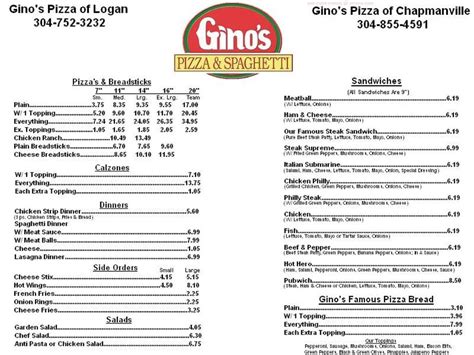 Menu at Gino's Pizza & Spaghetti House restaurant, Chapmanville