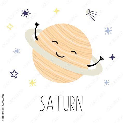 Cute cartoon Saturn, planet, vector character, Solar system. Stock ...