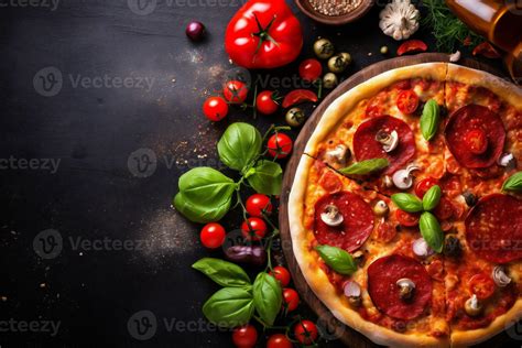 italian pizza food fast tomato cheese black meal copy background food fast space. Generative AI ...