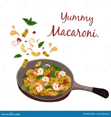 Yummy Macaroni with Prawn in the Pan is Sauteing on White Background. Stock Vector ...