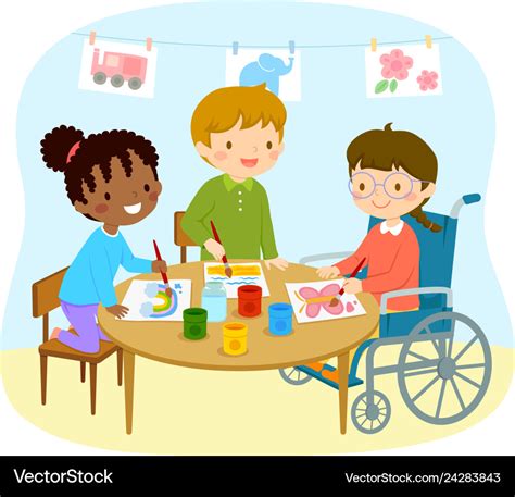 Disabled girl drawing with friends Royalty Free Vector Image