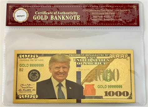 President Donald Trump.. 1000 Dollar Bill.. 24K Gold 3D Overlay... With COA - Etsy