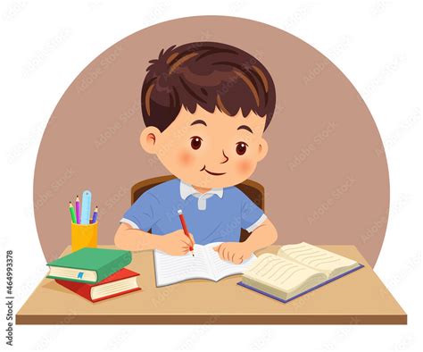 Little boy doing homework by read and writing on his desk. Vector illustration Stock Vector ...