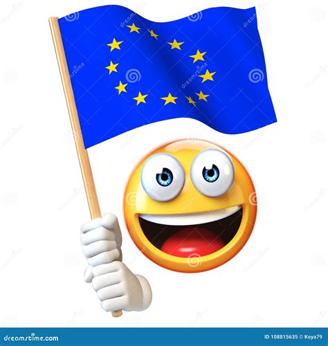 Emoji Holding EU Flag, Emoticon Waving Flag of European Union 3d Rendering Stock Illustration ...