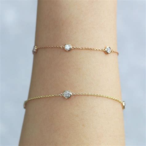 Diamond Bracelet, 14k Gold Three Diamond Bracelet, Minimalist Bracelet, Bezel Set Diamond ...