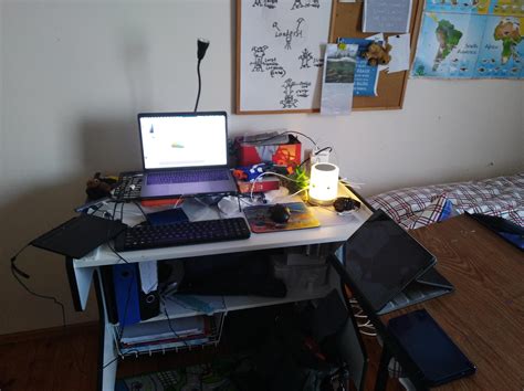 my bedroom gaming/design desk setup (note the $10 bluetooth [i use it wired] speaker/lamp, and ...