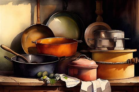 Premium Photo | Pots and pans watercolor