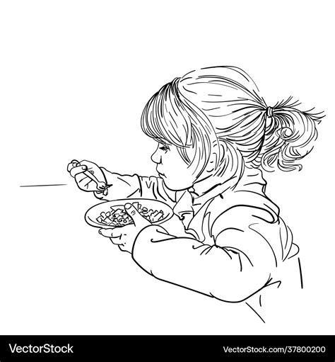 Drawing cute little girl eating food with fork Vector Image