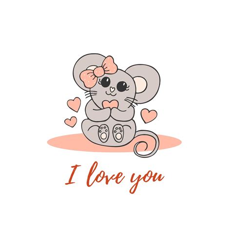 Hand drawn cute animals with lettering. A mouse with a pink bow and a heart. I love you. White ...