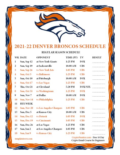 Printable 2021-2022 Denver Broncos Schedule