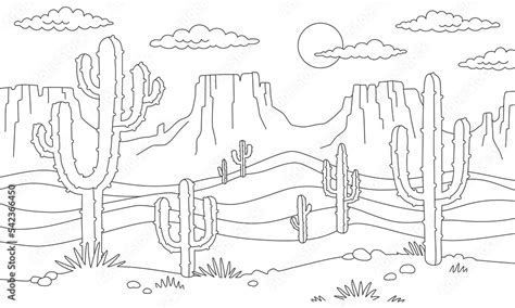 Desert Landscape Line Sketch with Cactus. Coloring scene prairie landscape. Black White Outline ...