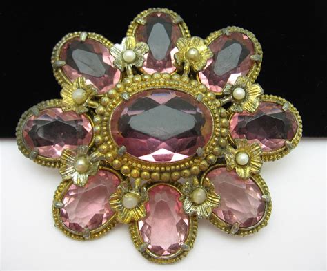 ** SOLD ** PINK ICE BIG BROOCH! Large Oval Gems in Goldtone Vintage PIN ...