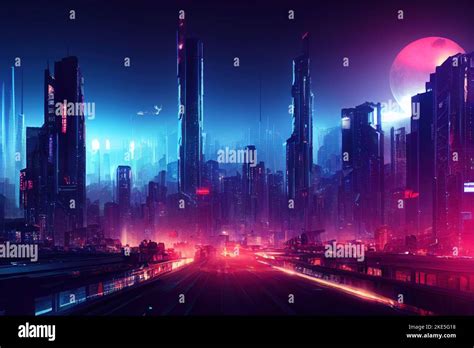 Cyberpunk Futuristic City panorama .Future Fiction with neon signs and ...