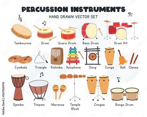 Percussion instruments vector set. Simple cute tambourine, drums ...