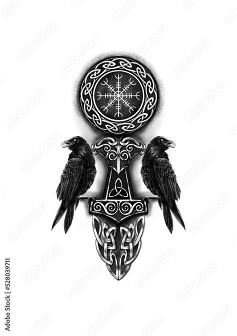 Odin's Ravens Tattoo design for man with Viking's symbols. Ravens, Thor's Hammer and Vegvisir ...