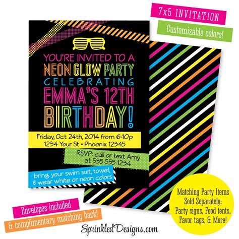 Neon Birthday Party Invitation Teen Teenager Kids Glow In