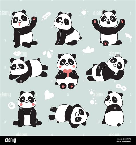 Cartoon panda. Cute panda bear, happy baby animals, lazy funny chinese bears posing. Friendly ...